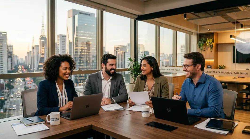 Equipe de especialistas no escritório da Bordin Seguros em São Paulo